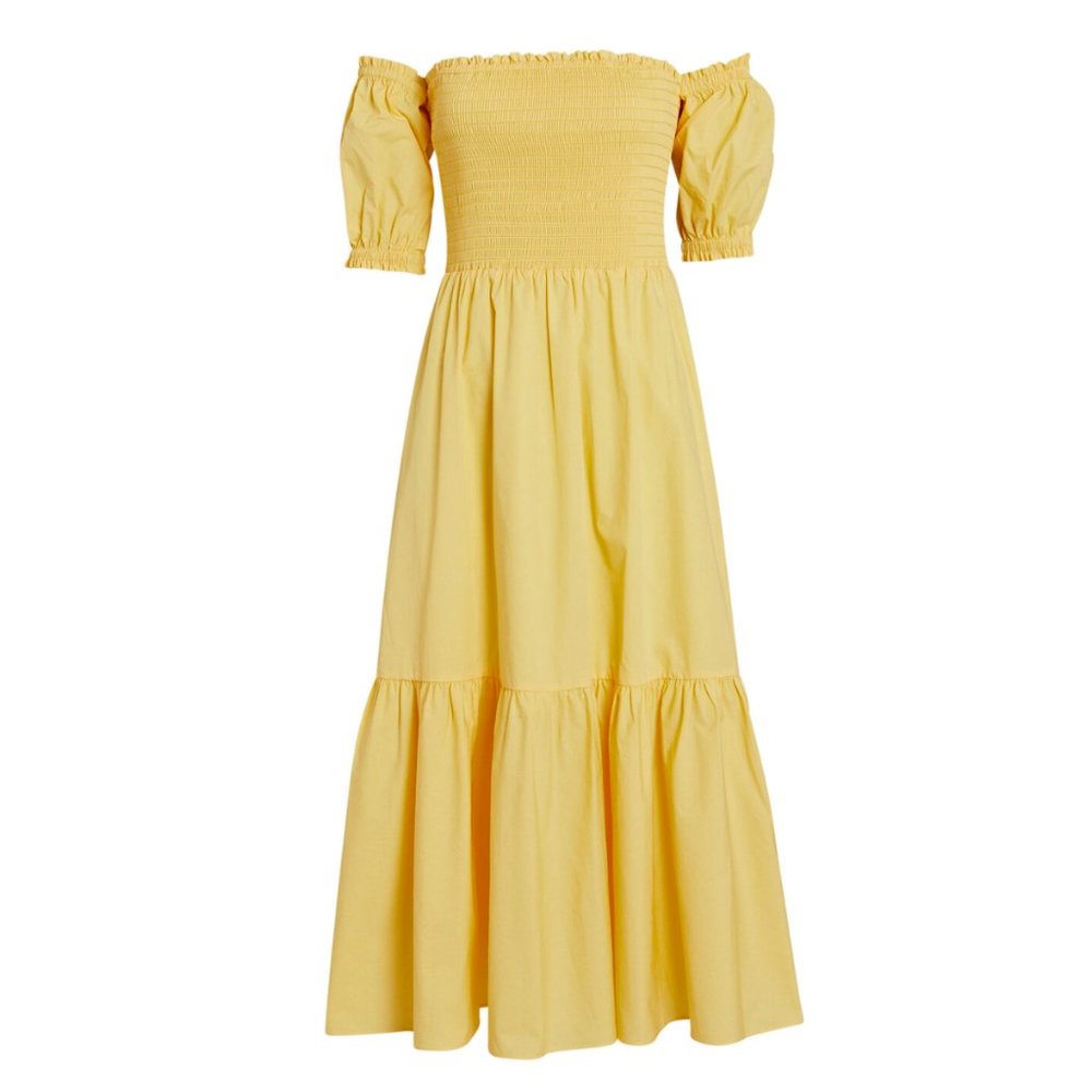 Intermix | Aubrey Smocked Poplin Midi Off the Shoulder Dress in Yellow